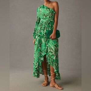 Farm Rio for Anthropologie Asymmetrical Green Floral Dress Size M